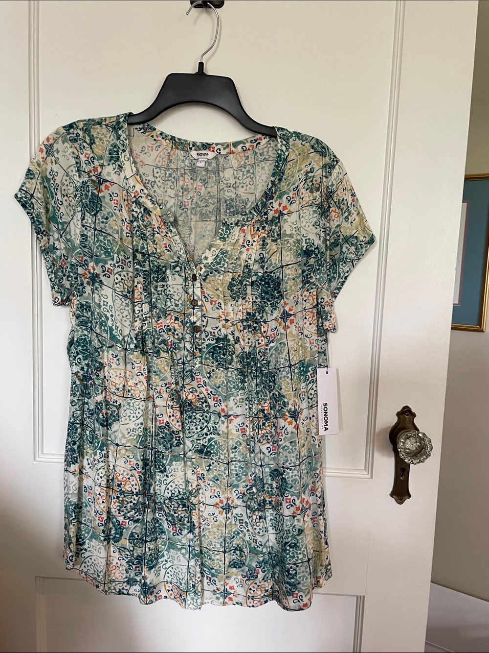 Sonoma Teal and Cream Floral V-Neck Top